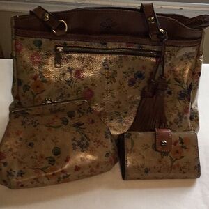 3 piece set Patricia Nash floral leather tote with wallet and clutch